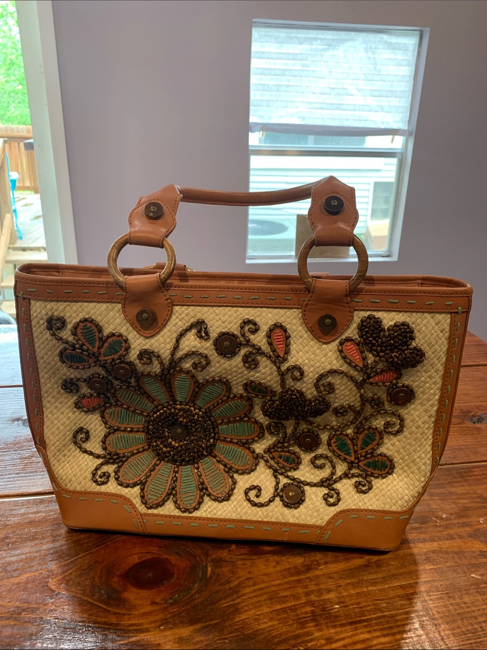 Isabella Fiore Vintage Floral Beaded Woven Straw Tote